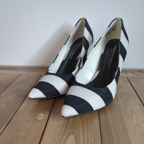 Black & White Striped Stiletto Pointed Toe Heels Pumps Goth Beetlejuice - Picture 2 of 11